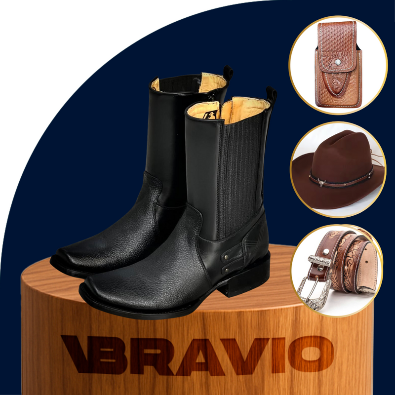 Kit Bota Maverick Masculino de Cuero Legítimo + 3 REGALOS: Cinturón, Sombrero y Cartera
