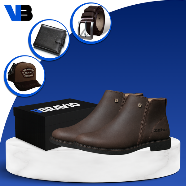 Kit Bota Zavu Casual Ortopédica de Hombre en Cuero Legítimo +3 REGALOS: Cinturón, Gorra y Billetera
