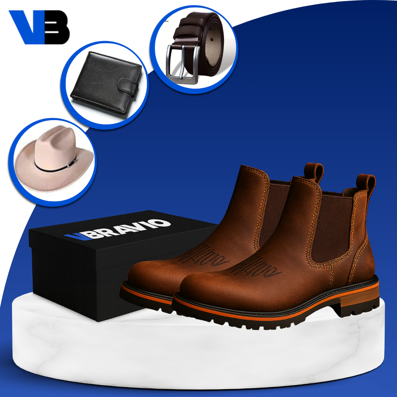 Kit Bota El Patrón en Cuero Legítimo +REGALOS: Sombrero de Cuero, Cinturón y Billetera